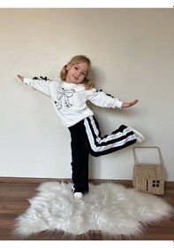 Resim Cg Kids Fiyonk Kol Detaylı Ve Baskılı Kız Çocuk İspanyol Paça 2 İplik Alt Üst Eşofman Takım Siyah 