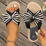 Resim 1 Pair Bal Kız Kadınlar Yaz Çizgili Püsküllü Kaymaz Ayakkabı - Yuvarlak Burun Slip-On Düz Plaj Terlikleri, Rahat Kumaş Üst & İç, EVA Taban & İç Taban 