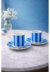 Resim 2 Kişilik Porselen Yaldızlı Lovely Birds Özel Tasarım Kuşlu Kahve Fincan Takımı Seti 90ml Açık Mavi 