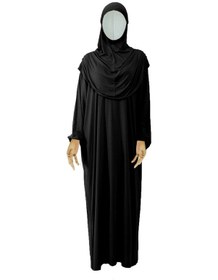 Resim Kız Çocuk Tesettür Elbisesi Tek Parça Namaz Kıyafeti Tak Çıkar Başörtülü Pamuklu Lastikli Kolu Siyah 