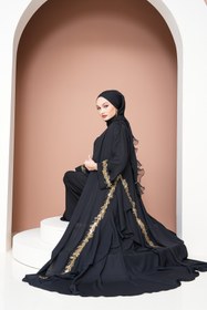 Resim AGH Değerli Hediyeler Gold Volanlı Lüks Giyim Abaya Özel El İşcilikli Şık ve Zarif Model Gold Dantel işleme 