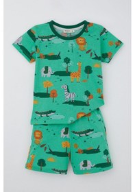 Resim Breeze Erkek Çocuk Şortlu Pijama Takımı Safari Temalı Sevmli Hayvancıklar Desenli 1.5-5 Yaş, Yeşil 