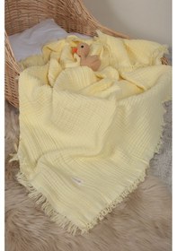 Resim Müslin Püsküllü 4 Katlı Müslin Battaniye 90x120 Cm - Ze4katlı Sarı 