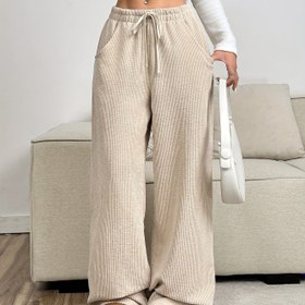 Resim Kadınlar İçin Kadife Geniş Paça Pantolon - Bej Düz Renk Tam Boy - Uzun Boy, Soğuk Havalar İçin Şık ve Rahat Pantolon, Makinede Yıkanabilir Kadife (Esnek Değil) 