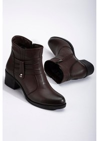 Resim Hakiki Deri Kadın Topuklu Bot Kahve Bağsız Yuvarlak Burun-3239 Kahve 