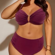 Resim Kadınlar İçin Şık Büyük Beden Bikini Takımı - Çıkarılabilir Pedli Seksi Büzgülü Üst & Yüksek Bel Alt, Esnek Naylon/Spandeks Karışımı, Makinede Yıkanabilir 