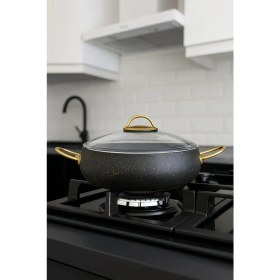 Resim Yunusoğlu Home 28 cm Basık Güveç Tencere – 3.5 Litre, Gold Kulplu, 4 mm Granit Kaplama, Yanmaz Yapışmaz 