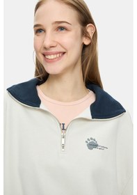 Resim Ucla Yoko Kemik Rengi Fermuarlı Baskılı Oversize Fit Kadın Sweatshirt Kemik Rengi 