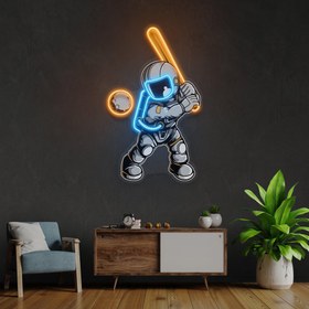 Resim Beyzbol Oynayan Astronot Baskılı - Neon Tabela - 65cm | 26in / MultiColor 