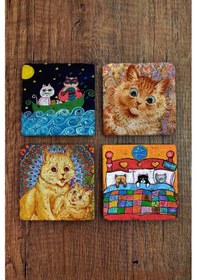 Resim Doğal Taş Bardak Altlığı Louis Wain Kediler , Kedi 10x10cm Stone Coasters 4'lü Set Çok Renkli 