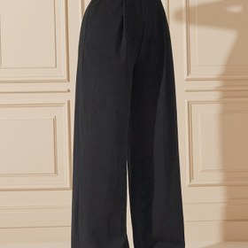 Resim Kadınlar İçin Şık Yüksek Bel Geniş Paça Pantolon - Siyah Düz Kesim Elastik Bel Pantolon, Tüm Mevsimler İçin Parti Pantolonu, Cepli ve Pürüzsüz Kumaş, Olgun Kadınlar İçin (Dik Dikim) 
