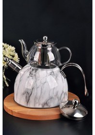 Resim Nishev Mermer Düdüklü Çelik Cam Çaydanlık Takımı Özel Tasarım 001 