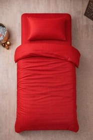 Resim Vionetta Pamuk Saten Kırmızı Çizgili Otel Serisi Lastikli Çarşaflı Tek Kişilik Nevresim Takımı 