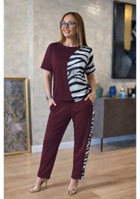Resim Efnaz Style Kadın Kısa Kollu Bisiklet Yaka Zebra Desen Bluz Ve Pantolon Ikili Takım Bordo 