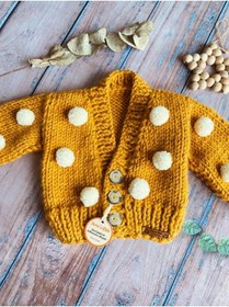 Resim seraskids El Örgüsü Hardal Rengi Ponpon Model Bebek Crop Hırka 