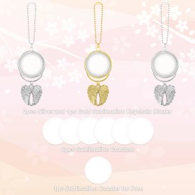 Resim Dianziye 3 Adet Metal Melek Kanatlı Sublimasyon Boş Anahtar Zinciri - Gümüş 2 + Altın 1 + Isı Transferi Alüminyum Levha - Araba Ve Ev Dekorasyon Aksesuarı 