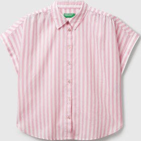 Resim United Colors of Benetton Kadın Pembe Keten Karışımlı Çizgili Kimono Kol Gömlek 