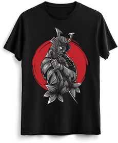 Resim Erkek Siyah Japon Samuray Savaşçı Baskılı Tasarım Tişört T-shirt XL 
