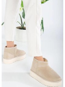 Resim Fort Elanaz Süet İçi Kürklü Kalın Taban Mini Boy Bilekte Kısa Kadın Bot Bej 