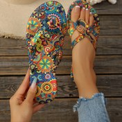 Resim Plus Beden Kadın Bohem Geometrik Sandaletler - Hafif Nefes Alabilen Kumaş Üst & Kaymaz Kauçuk Taban, Plaj, Festivaller ve Günlük Kullanım için Renkli Desenli Açık Burunlu Yazlık Ayakkabılar, Festival Ayaqqabısı, Ayarlanabilir Kayış Tasarım 