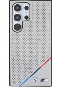 Resim Galaxy Uyumlu S24 Ultra Kılıf Bmw Lisanslı Magsafe Özellikli M Logolu Üç Çizgili Delikli Deri Kapak Gri 