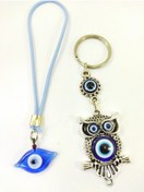 Resim cuaderno Metal Baykuş Nazar Boncuğu Anahtarlık+ Göz Nazar Boncuklu Araba Dikiz Ayna Süsü Ikili Set Hediyelik 