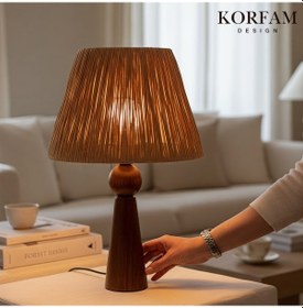 Resim Kahverengi Rafya Başlıklı Ahşap Abajur Çok Renkli 