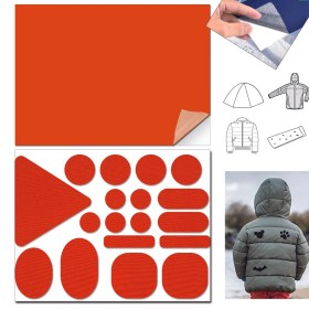 Resim FIXALL ADHESIVE PRODUCTS Yapışkanlı Polyester Kumaş Mont Çadır Şemsiye Tamir Yaması 19 Adet Turuncu 