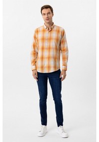 Resim Süvari Turuncu Slim Fit Desenli Düğmeli Yaka Gömlek 
