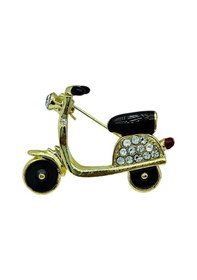 Resim Kristal Taşlı Scooter Tasarımlı Broş Altın Renk Şık Retro Motor Figürlü Aksesuar Siyah 