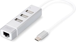 Resim DA-70253 Digitus 3 port USB Tip C Hub & Fast Ethernet LAN Adaptörü, 3 x USB A/Diş (USB 2.0), 1 x RJ45 Dişi (10/100), 1 x USB Tip C (bilgisayar bağlantısı), alüminyum 