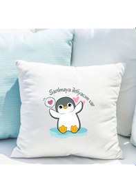 Resim Sarılmaya İhtiyacım Var Yazılı Sevimli Penguen Tasarımlı Dekoratif Yastık Kılıfı İçi Boş Beyaz 