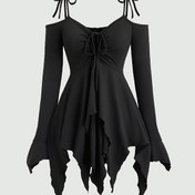 Resim Kadınlar İçin Siyah Uzun Kollu Ön Bağlamalı ve Pilili Elbise, Gotik Romantik Tatlı Sevimli Askılı İrregular Vücuda Oturan Bodycon Düz Renk Basit Şık Halloween Paskalya 