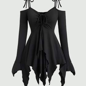 Resim Kadınlar İçin Siyah Uzun Kollu Ön Bağlamalı ve Pilili Elbise, Gotik Romantik Tatlı Sevimli Askılı İrregular Vücuda Oturan Bodycon Düz Renk Basit Şık Halloween Paskalya 