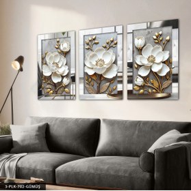 Resim Evinemoda Gold Yapraklı Beyaz Çiçek 3 Parça Pleksi Aynalı Tablo 