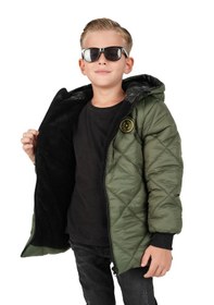 Resim Merdia Kids Erkek Çocuk Su Ve Rüzgar Geçirmez İçi Kürklü Kapüşonlu Mont Baklava Desenli Haki 