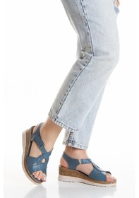 Resim İç Dış %100 Hakiki Deri Dolgu Taban Kadın Sandalet Mavi 