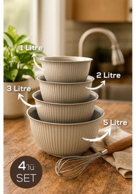 Resim 4'lü Mega Boy Plastik Karıştırma Ve Saklama Kase Seti 1l, 2l, 3l, 5l Bej Bej 