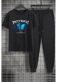 Resim Unisex Blue Butterfly Baskılı 2'li Eşofman Takımı Siyah 