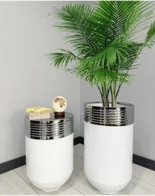 Resim Elegant Dekoratif Krom Darbuka Parlak Beyaz Saksı 70cm + 60cm Sehpa İkili Set 