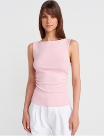 Resim Dilvin 31589 Büzgülü Kayık Yaka Top-toz Pembe Toz Pembe 