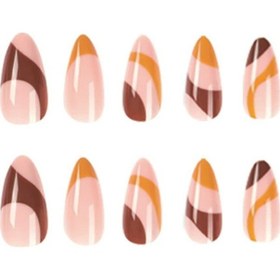 Resim Turuncu Kahve Desenli Badem Takma Tırnak Seti 24 Adet 