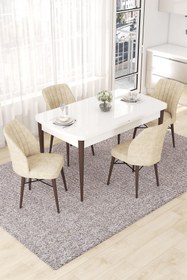 Resim Canisa Concept Nef Serisi 70x114 Açılabilir Mdf Beyaz Masa Ceviz Ayak Masa Takımı Ve 4 Krem Sandalye 