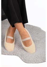 Resim Krem Peluş Tüylü Bant Detaylı Kadın Ev Ayakkabısı Babet Krem 