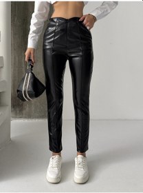 Resim Kadın Siyah Deri Dar Paça Pantolon Siyah 