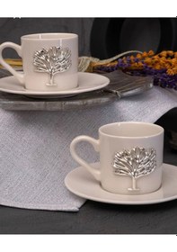 Resim 6 Kişilik 12 Parça Porselen Hayat Ağacı Gümüş Kahve Fincan Takımı 