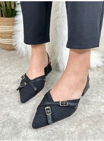 Resim Günlük Kadın Abiye Kalın Kısa Topuklu Renkli Çift Şerit Örme Hasır Ayarlanabilir Tokalı Ayakkabı 457 Siyah 