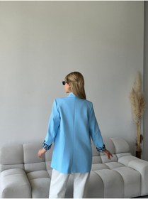 Resim vesantia Kadın Bebe Mavisi Dabıl Kumaş Leopar Desen Astar Detaylı Blazer Ceket 