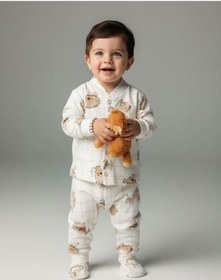 Resim Zekids Bebek Pamuklu Eldivenli Üst Ve Patikli Altlı Pijama Takımı-16787 Bej 