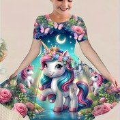 Resim Yeni Çocuklar İçin 3D Unicorn Desenli Kısa Kollu Prenses Etek Yazlık Kız Çocuk Günlük Karikatür Baskılı Üst Giyim Takımı 
